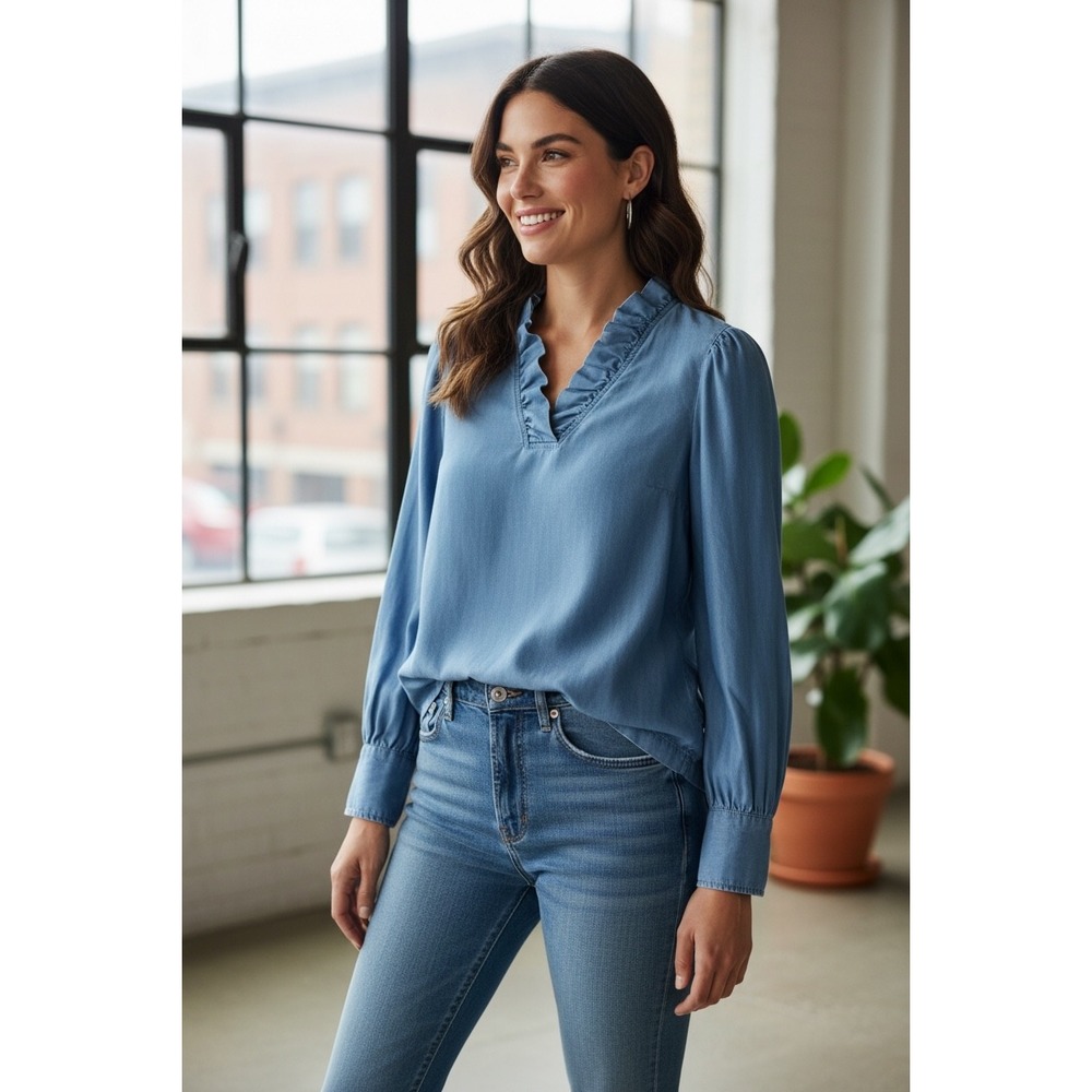 Crown & Ivy Womens Blue Tencel Lyocell Ruffle V-Neck Puff Sleeve Blouse Large - Picture 2 of 7